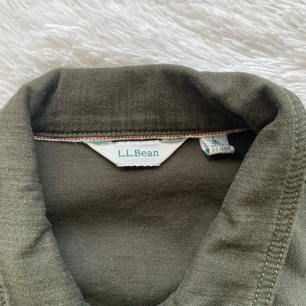 L.L.BEAN Denim Trucker Jacket Womens Olive Green Stretch Size L Regular
